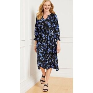 Talbots Floral Print Smocked Midi Dress A Line 3/4 Sleeves Blue Black Size Small